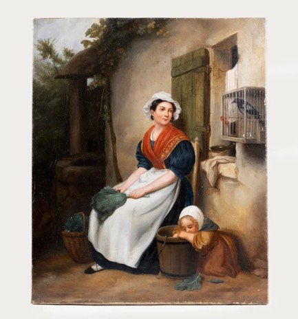 Huile sur toile européenne du XIXe siècle – Mère et enfant à la pie – École française d'Alsace-photo-2