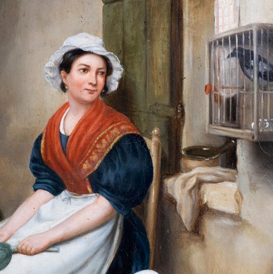 Huile sur toile européenne du XIXe siècle – Mère et enfant à la pie – École française d'Alsace-photo-3