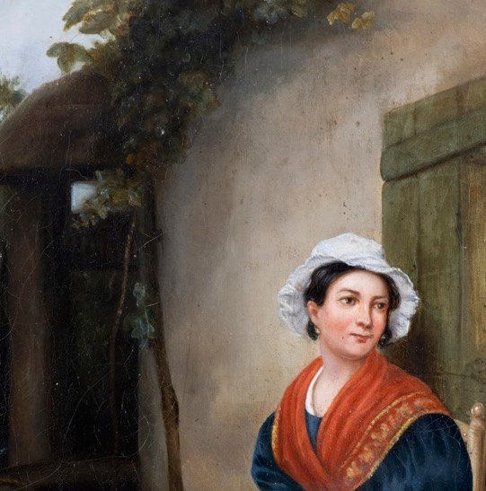 Huile sur toile européenne du XIXe siècle – Mère et enfant à la pie – École française d'Alsace-photo-4
