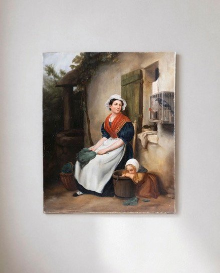 Huile sur toile européenne du XIXe siècle – Mère et enfant à la pie – École française d'Alsace