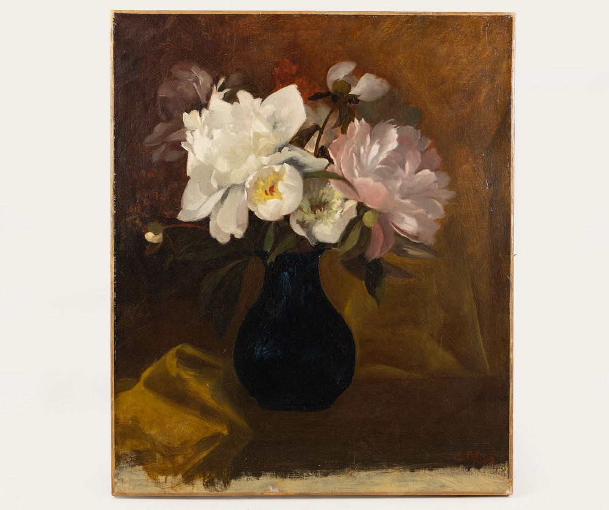 19th-century Signed Floral Still Life | Peonies In A Black Vase | French School-photo-2