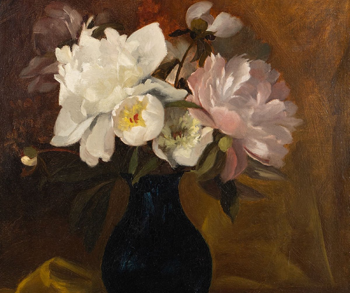 19th-century Signed Floral Still Life | Peonies In A Black Vase | French School-photo-3