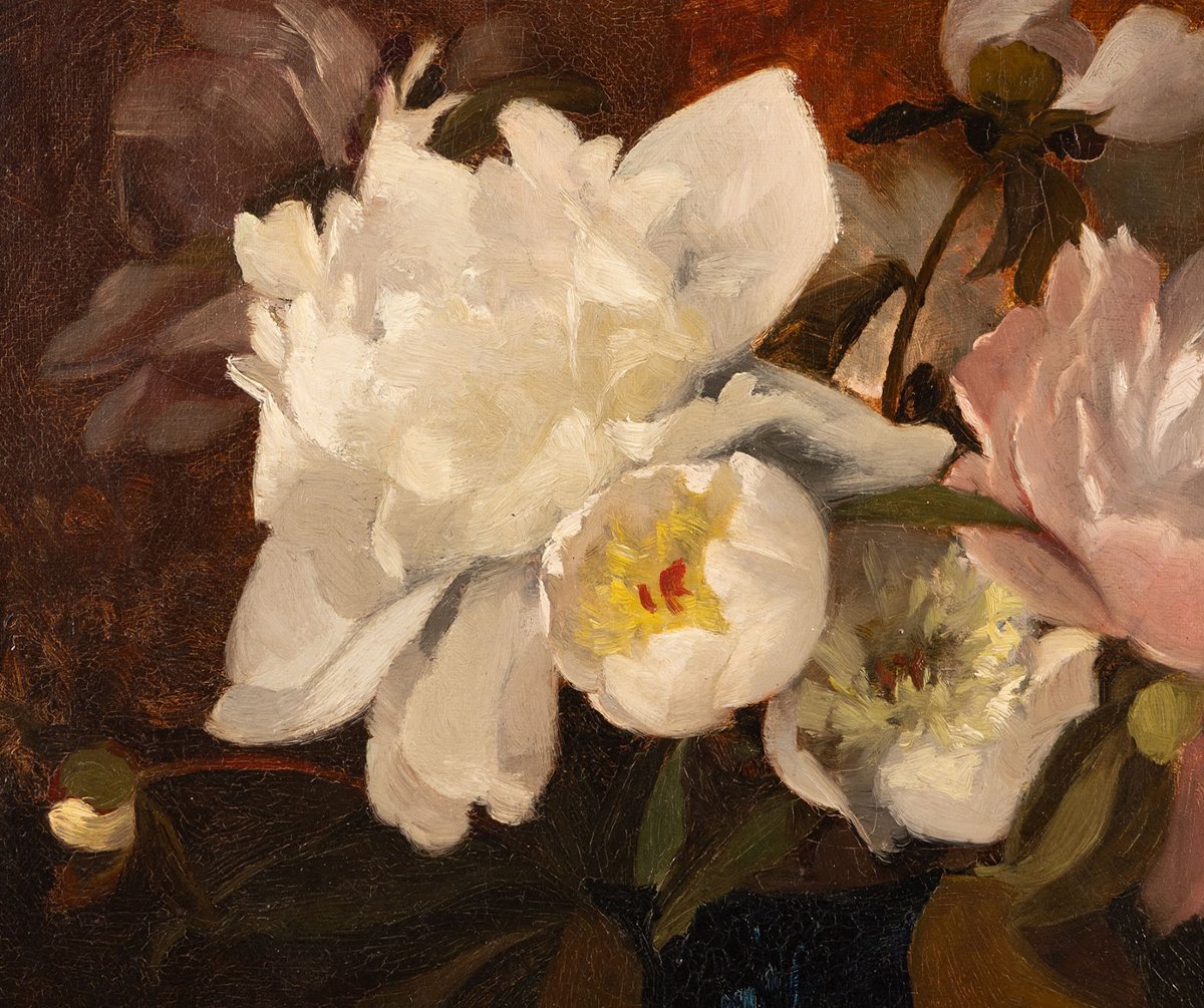19th-century Signed Floral Still Life | Peonies In A Black Vase | French School-photo-4