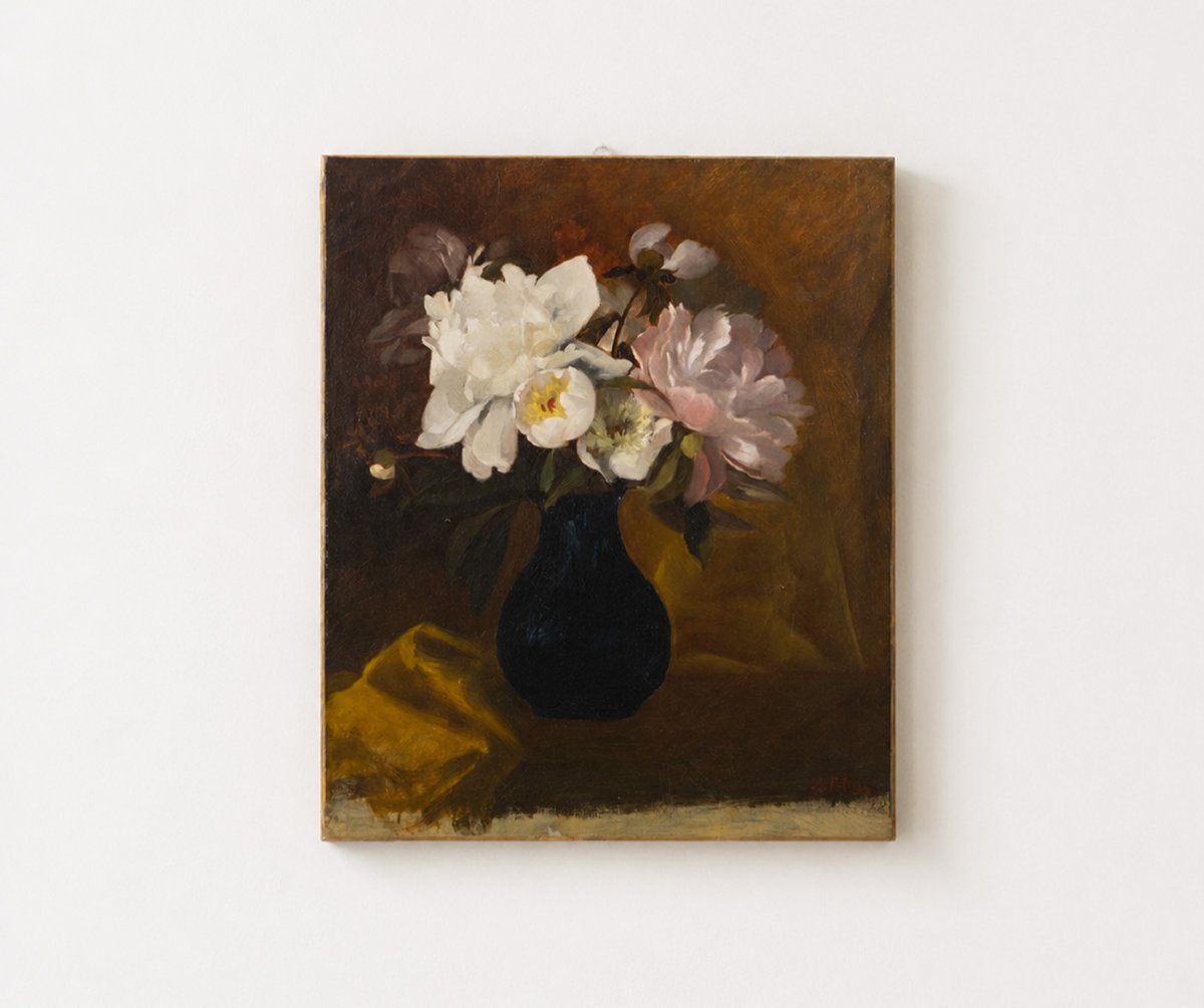19th-century Signed Floral Still Life | Peonies In A Black Vase | French School