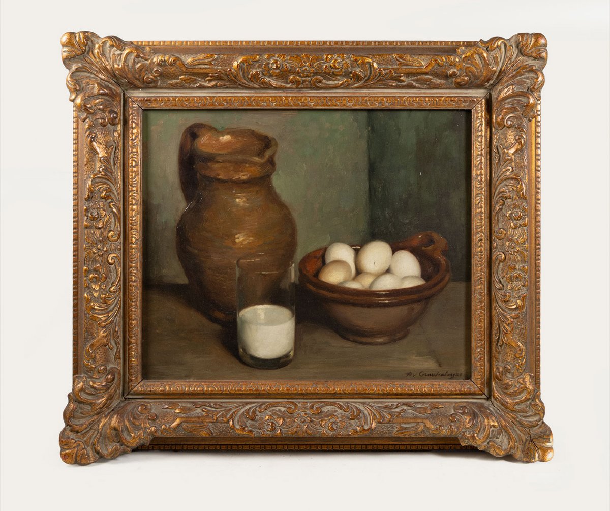 Robert Van Cauwenberghe (1905–1985) – Oil On Panel – Still Life With Milk Jug, Glass, And Egg-photo-2