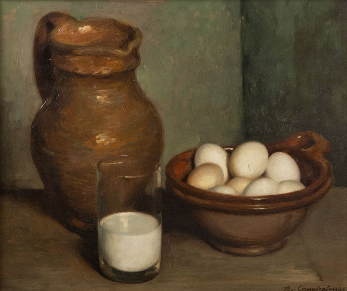 Robert Van Cauwenberghe (1905–1985) – Oil On Panel – Still Life With Milk Jug, Glass, And Egg-photo-3
