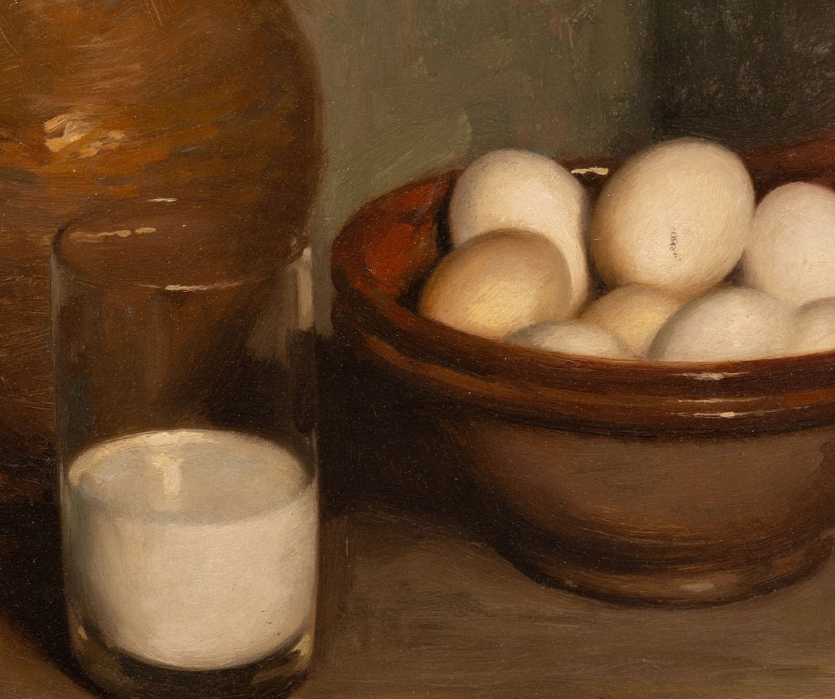 Robert Van Cauwenberghe (1905–1985) – Oil On Panel – Still Life With Milk Jug, Glass, And Egg-photo-4