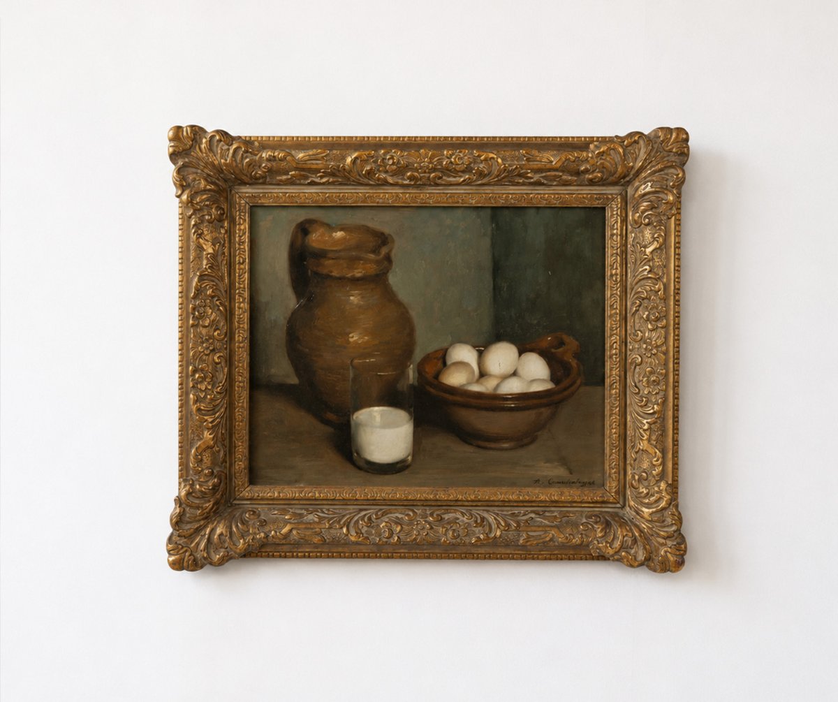Robert Van Cauwenberghe (1905–1985) – Oil On Panel – Still Life With Milk Jug, Glass, And Egg