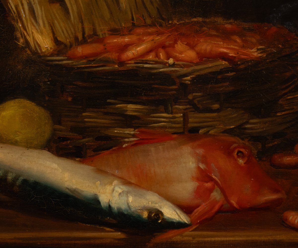 Nature morte  – Poissons, crevettes et panier au citron – École française, milieu XIXe siècle-photo-3