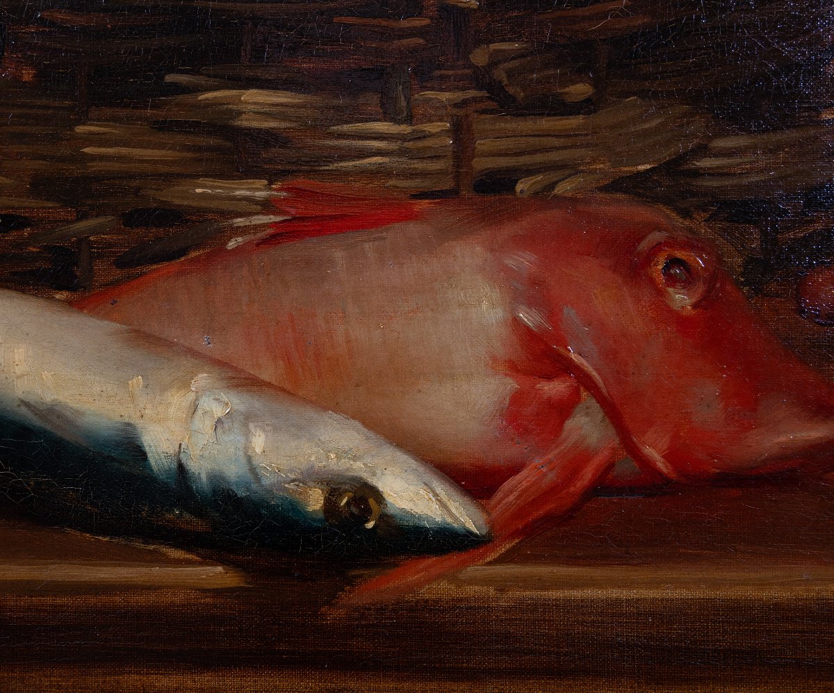 Nature morte  – Poissons, crevettes et panier au citron – École française, milieu XIXe siècle-photo-4