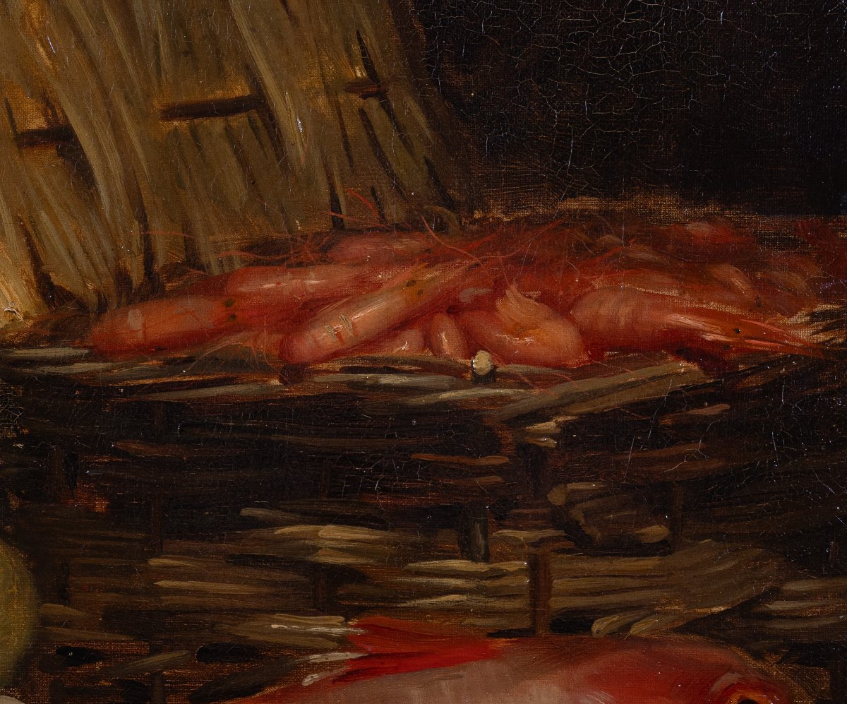 Nature morte  – Poissons, crevettes et panier au citron – École française, milieu XIXe siècle-photo-1