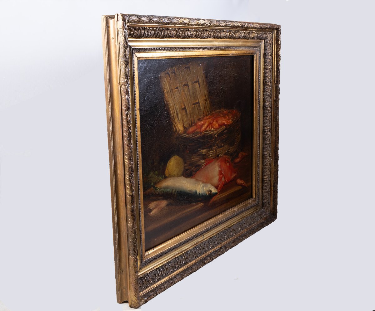 Nature morte  – Poissons, crevettes et panier au citron – École française, milieu XIXe siècle-photo-3