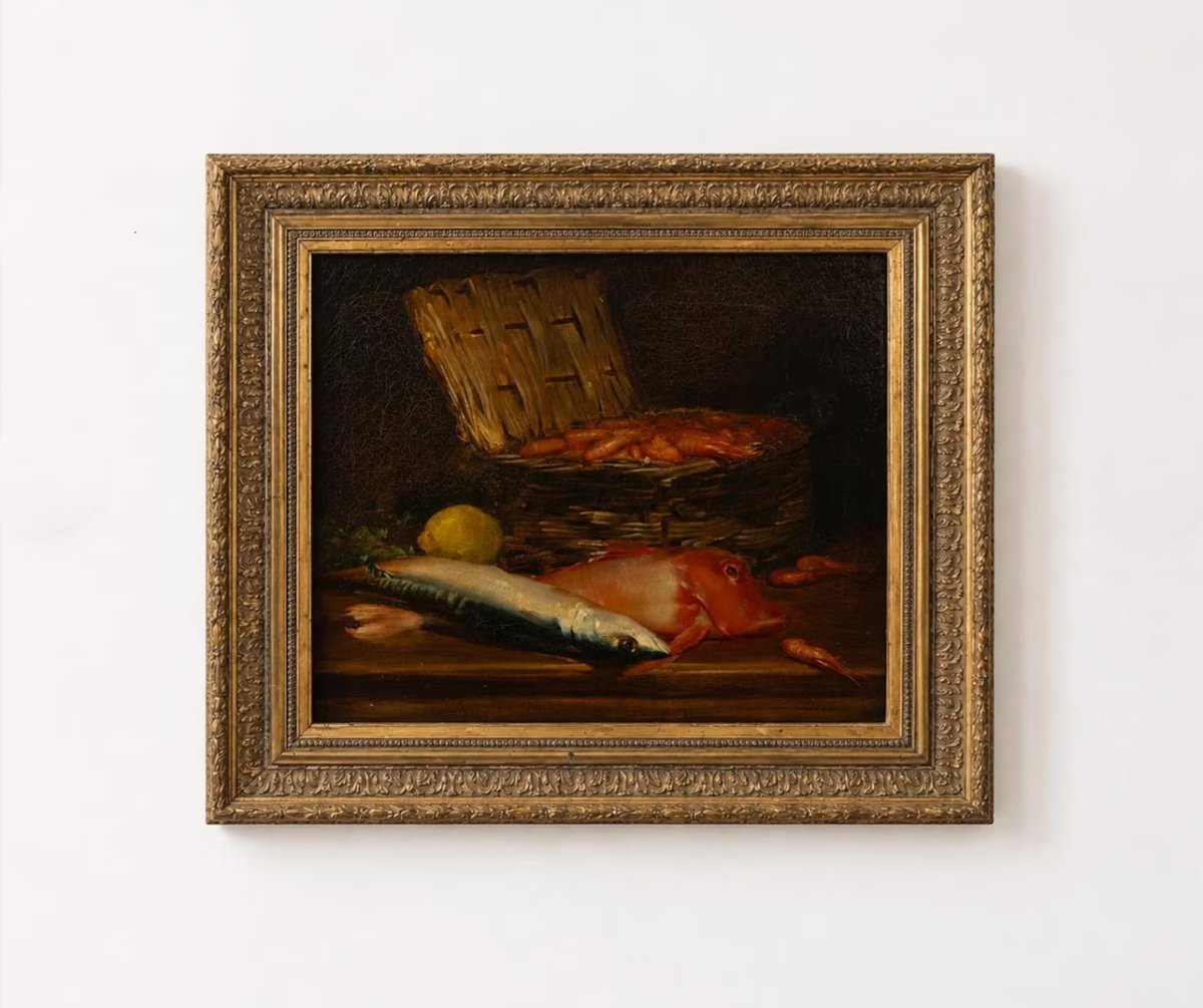 Nature morte  – Poissons, crevettes et panier au citron – École française, milieu XIXe siècle