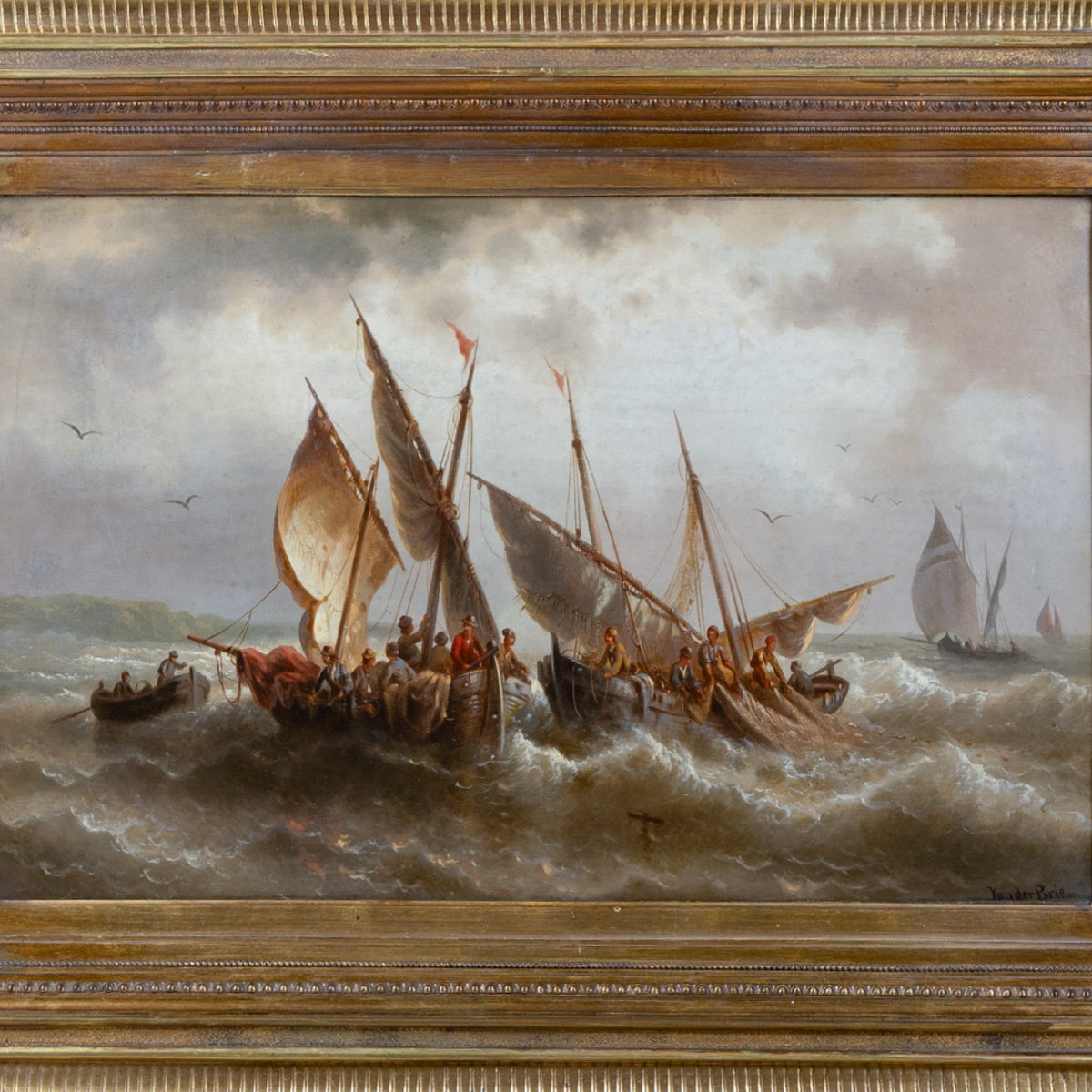 École de Marine du XIXe siècle – Retour de pêche en mer formée, signé Van der Brie, HST-photo-2