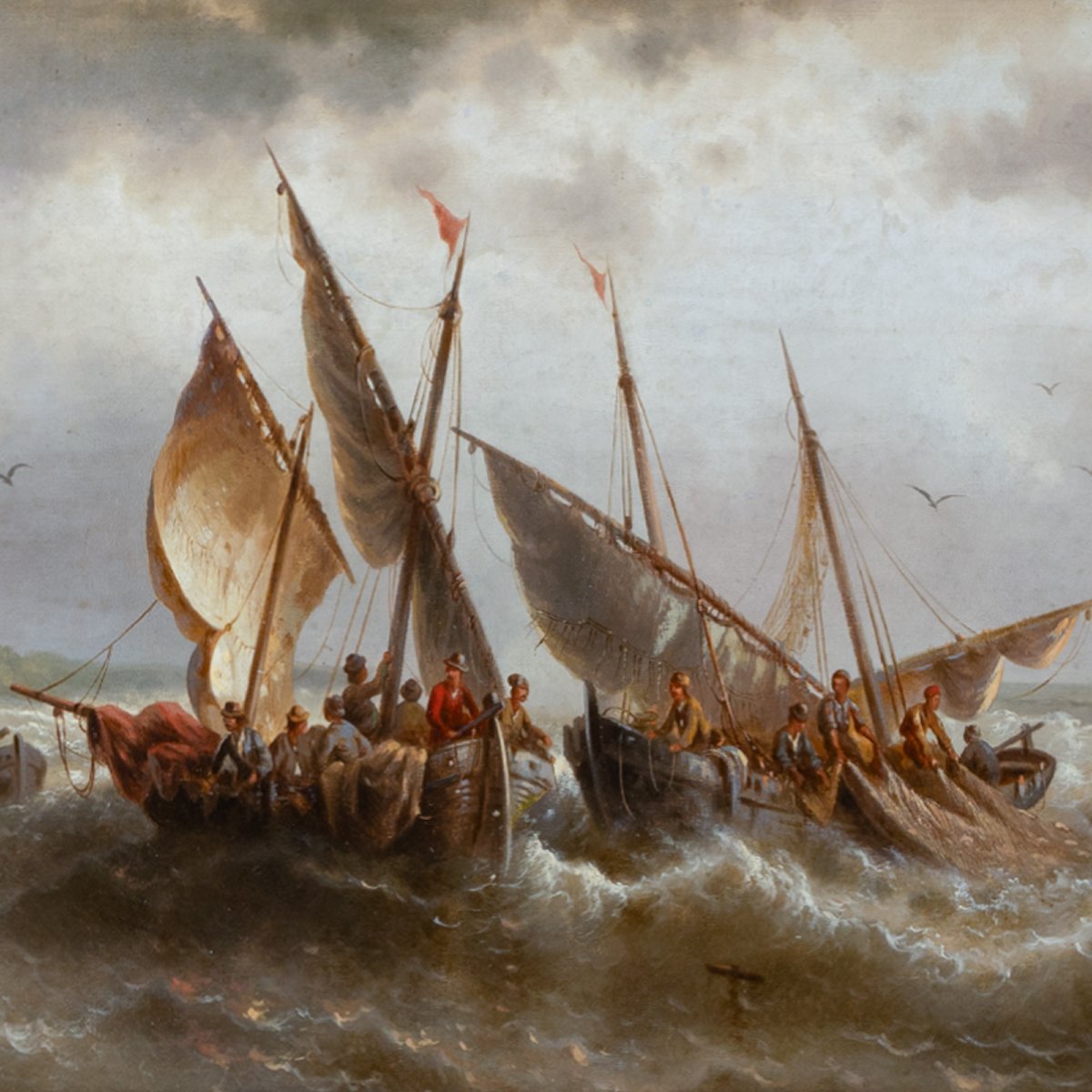 École de Marine du XIXe siècle – Retour de pêche en mer formée, signé Van der Brie, HST-photo-3