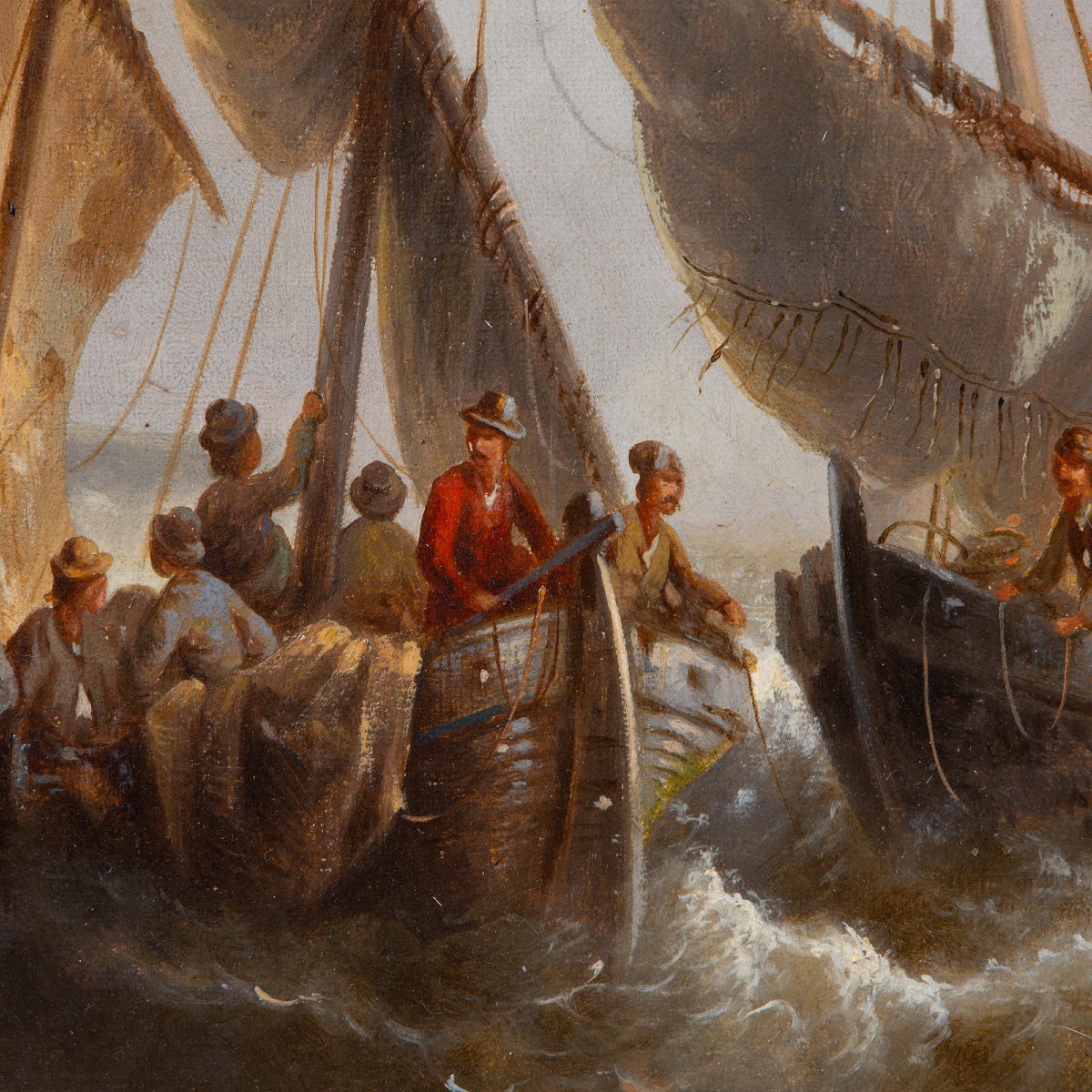 École de Marine du XIXe siècle – Retour de pêche en mer formée, signé Van der Brie, HST-photo-4
