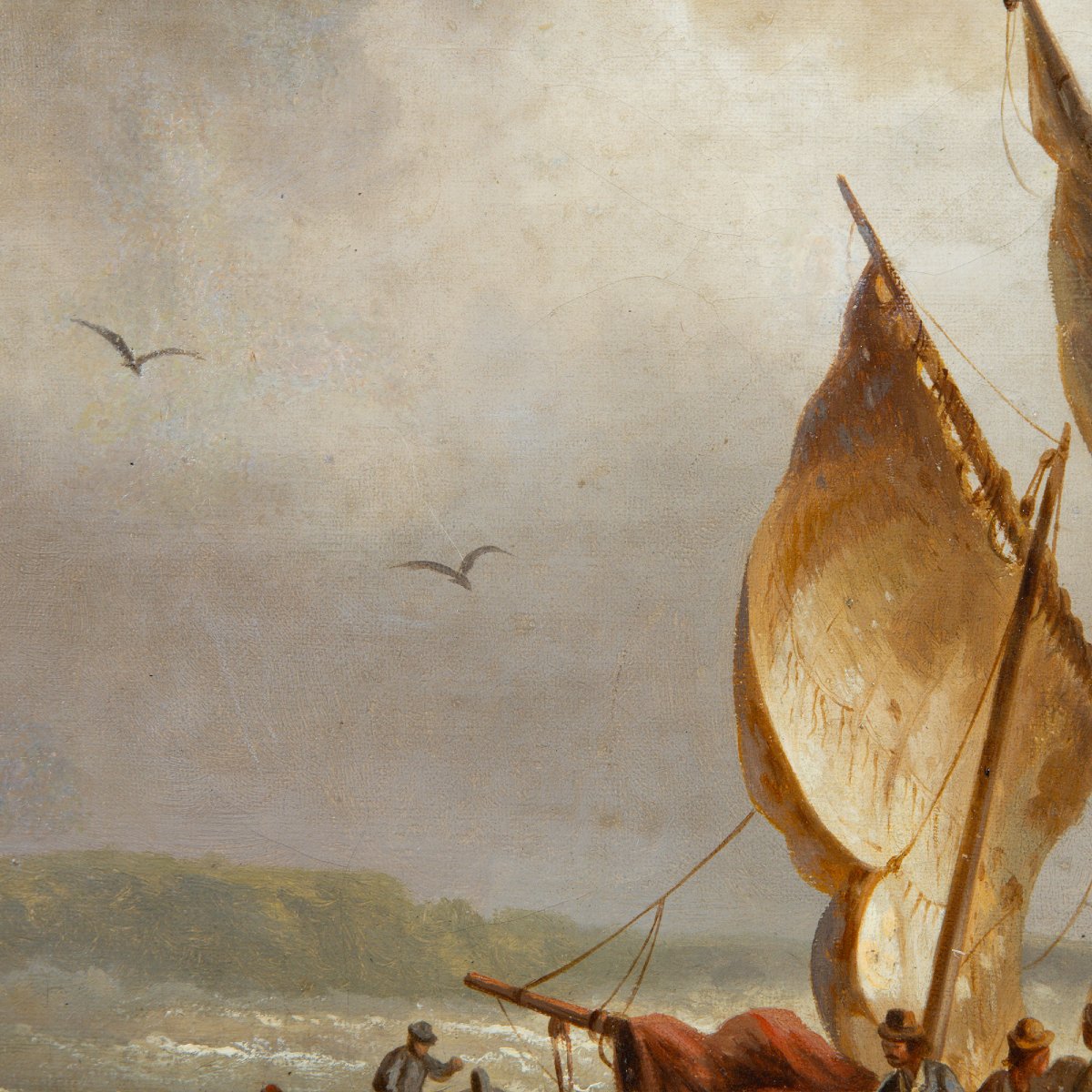 École de Marine du XIXe siècle – Retour de pêche en mer formée, signé Van der Brie, HST-photo-2