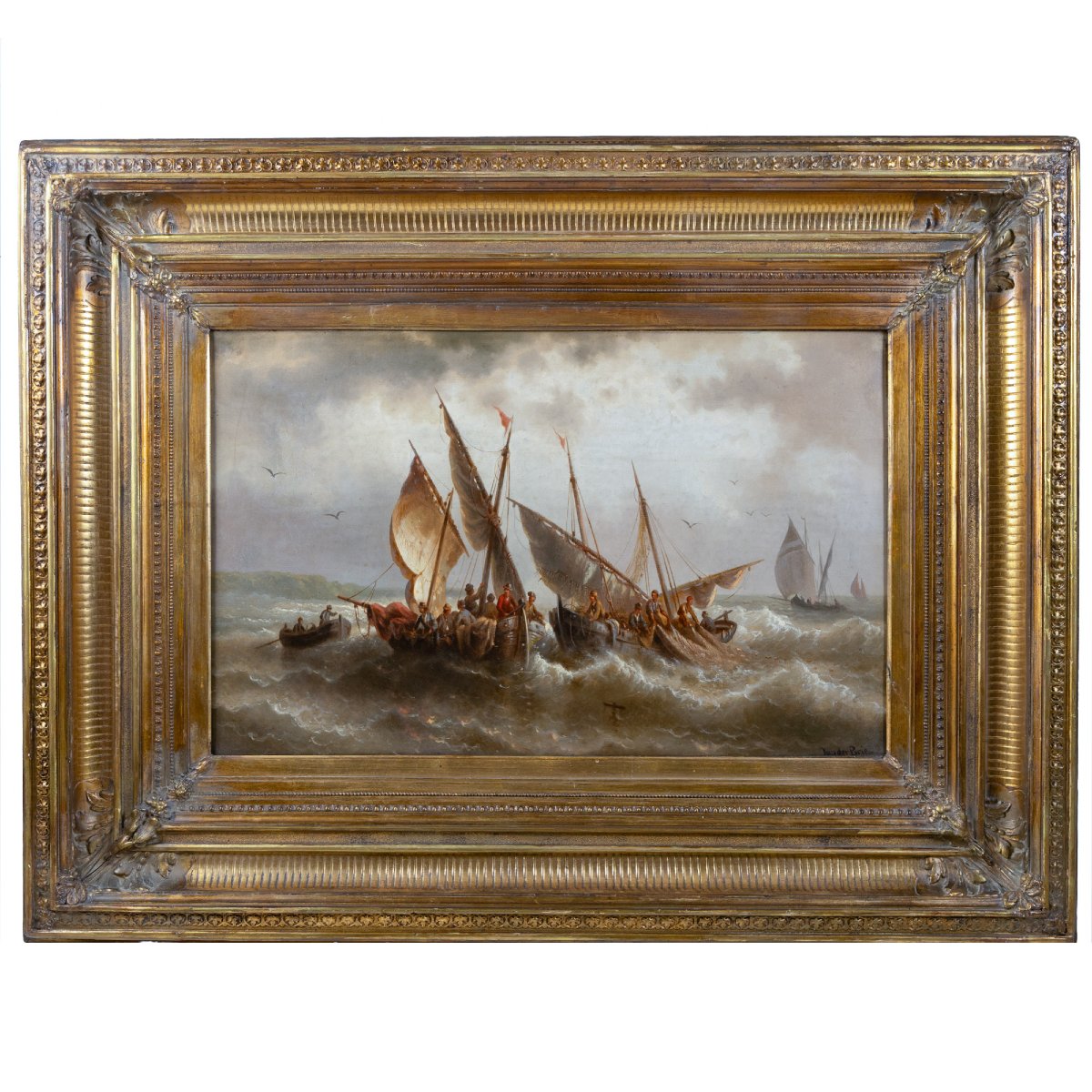 École de Marine du XIXe siècle – Retour de pêche en mer formée, signé Van der Brie, HST