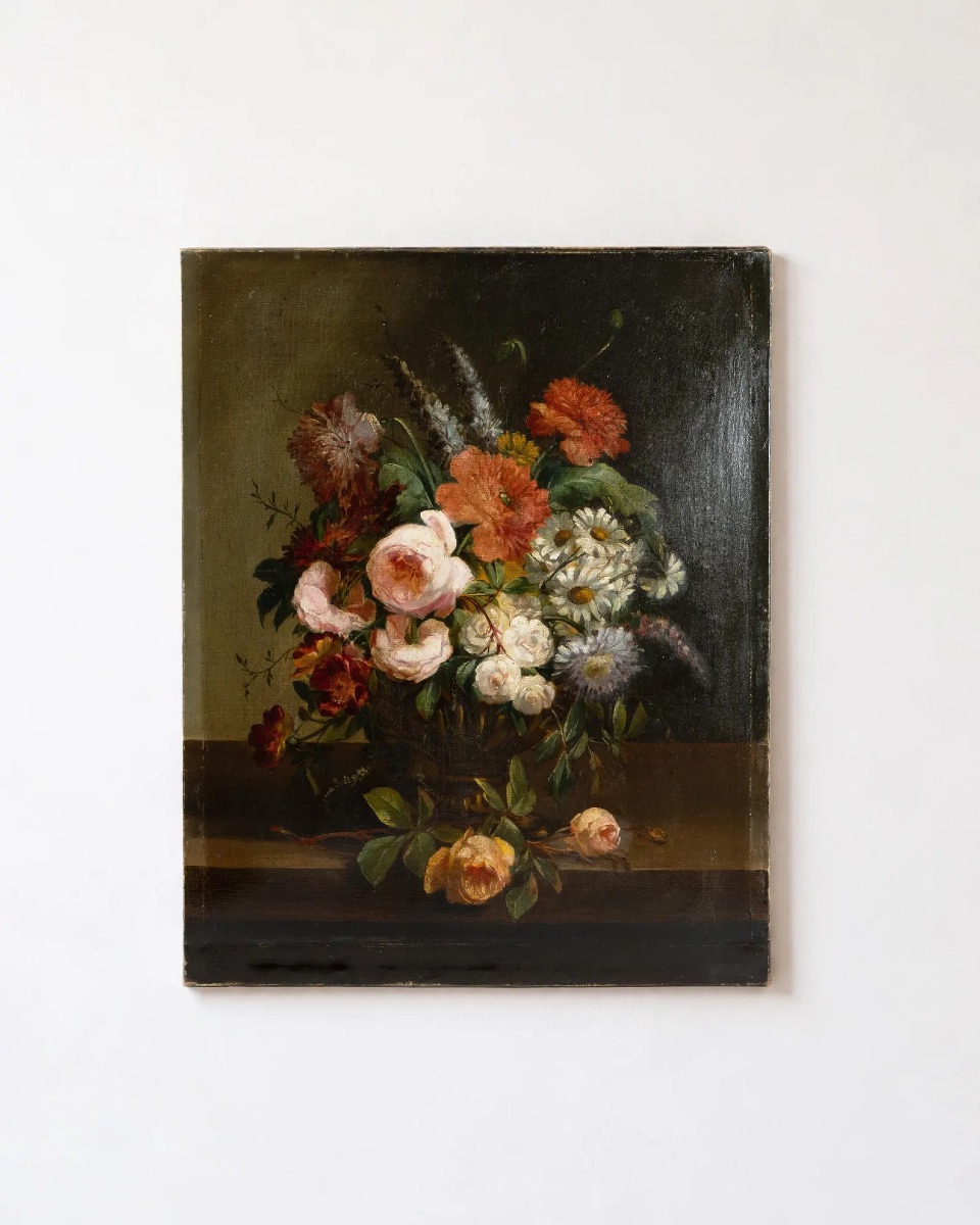 Tableau ancien français du XIXe siècle, huile sur toile, signé Gérard Buysen – Bouquet de fleur