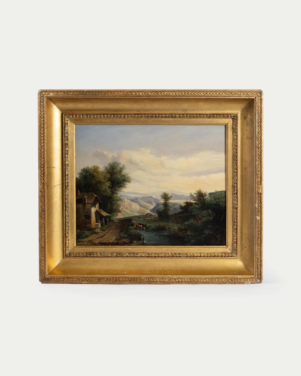 Beautiful 19th-century French Oil On Canvas – Pastoral Landscape, House, River, And Mountains-photo-2