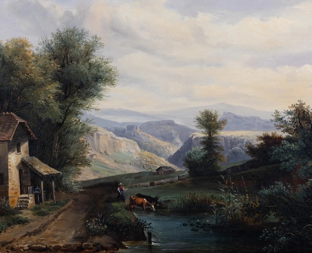 Beautiful 19th-century French Oil On Canvas – Pastoral Landscape, House, River, And Mountains-photo-3