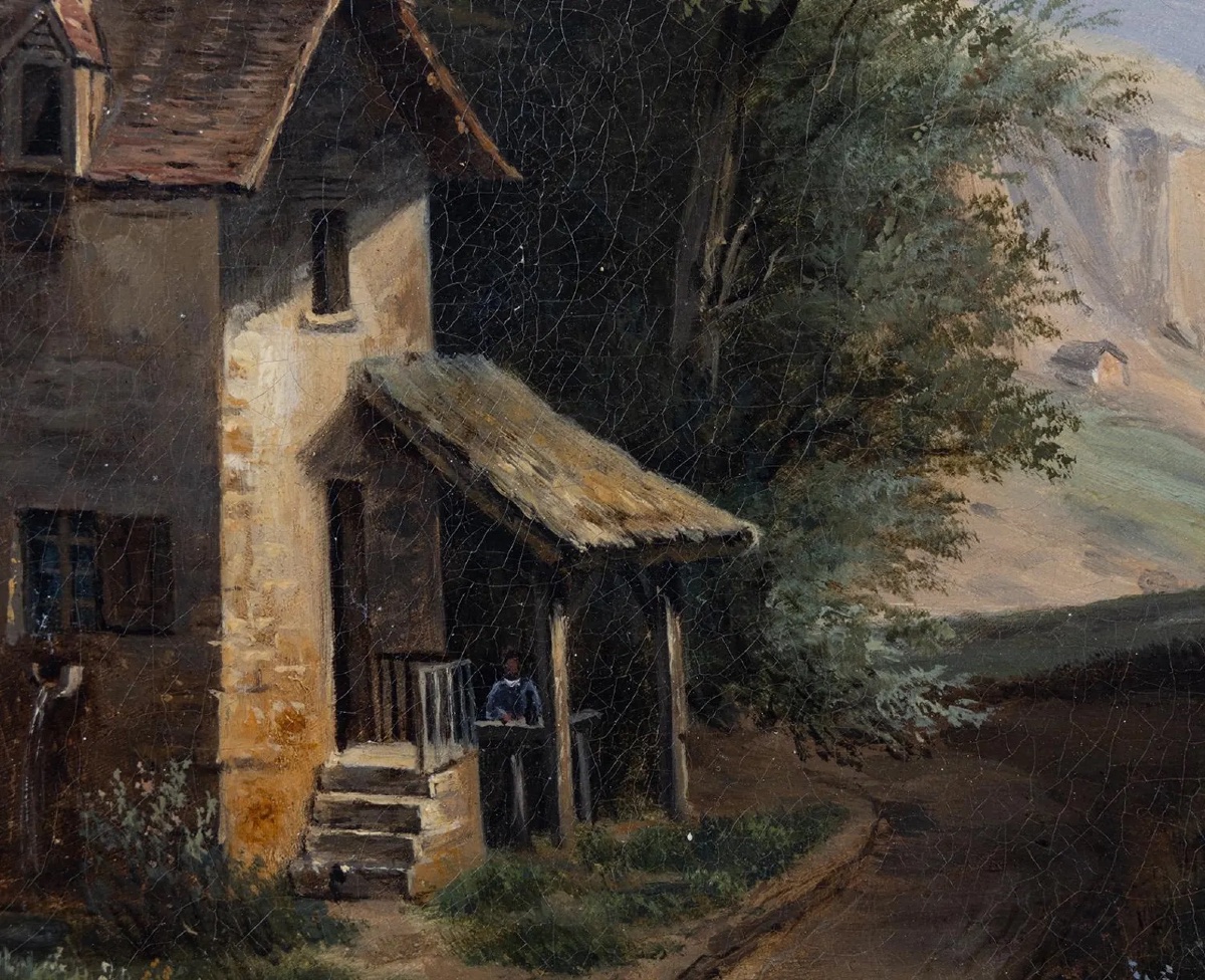 Beautiful 19th-century French Oil On Canvas – Pastoral Landscape, House, River, And Mountains-photo-1
