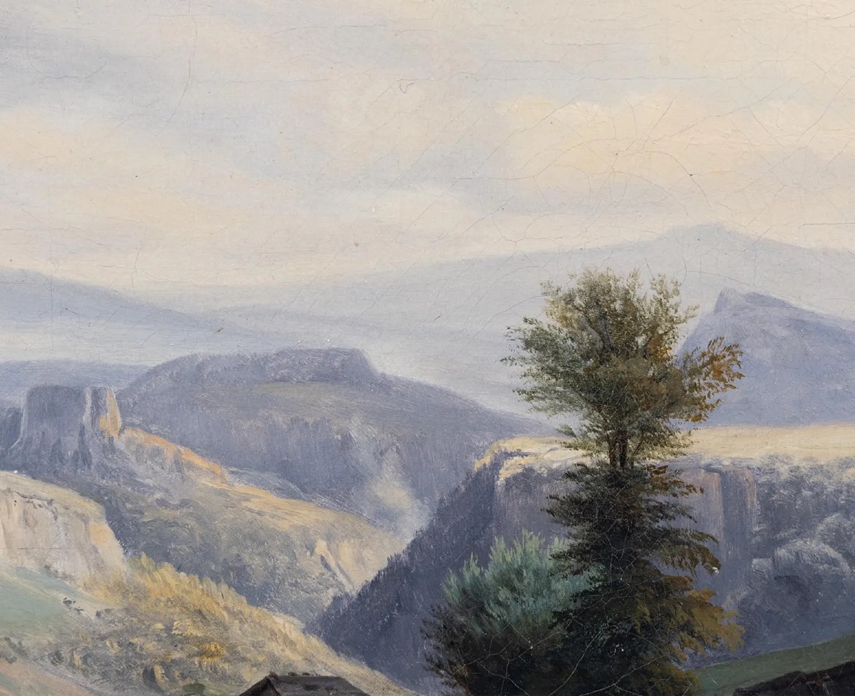 Beautiful 19th-century French Oil On Canvas – Pastoral Landscape, House, River, And Mountains-photo-2
