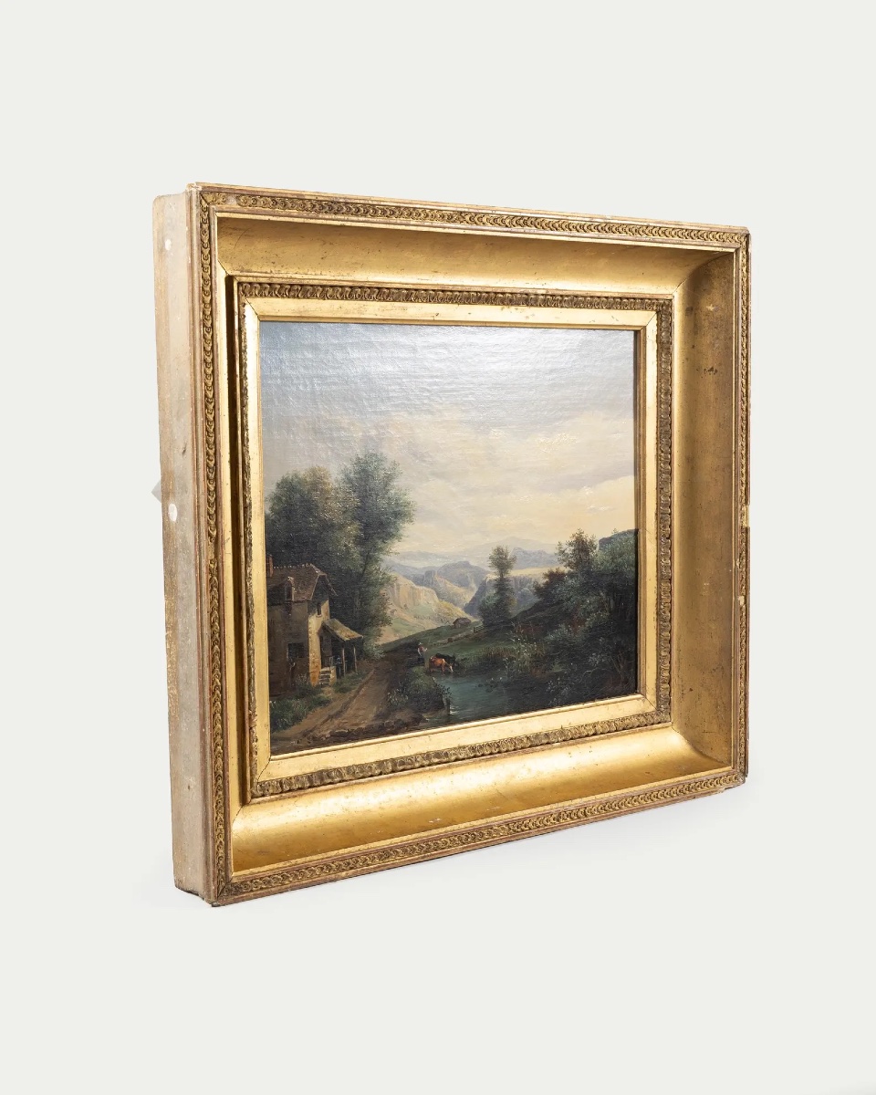 Beautiful 19th-century French Oil On Canvas – Pastoral Landscape, House, River, And Mountains-photo-3