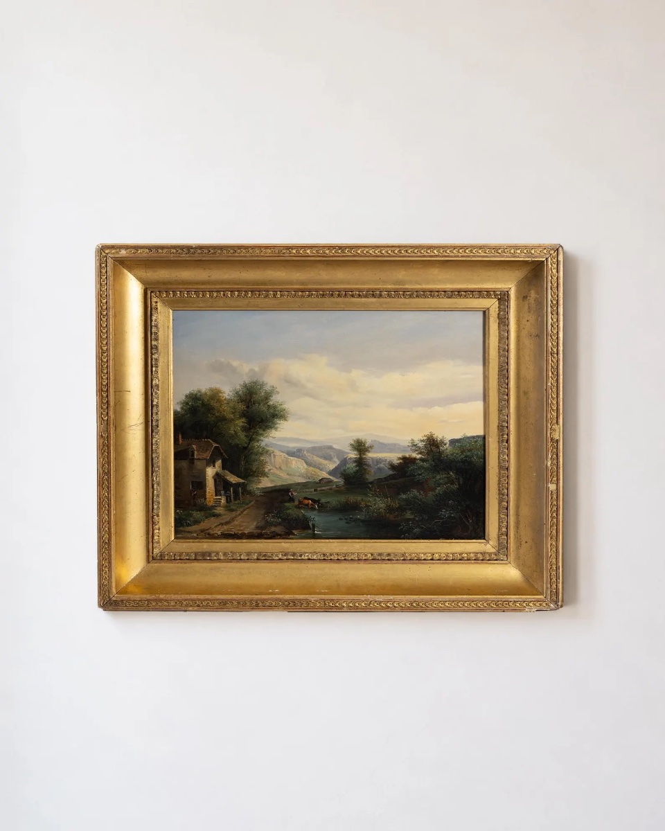 Beautiful 19th-century French Oil On Canvas – Pastoral Landscape, House, River, And Mountains
