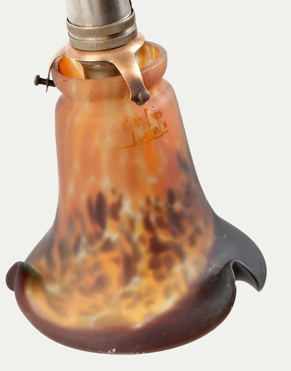 Lampe de bureau Art Nouveau réglable, Muller Frères Lunéville – Verre d’art marbré, vers 1900-photo-3