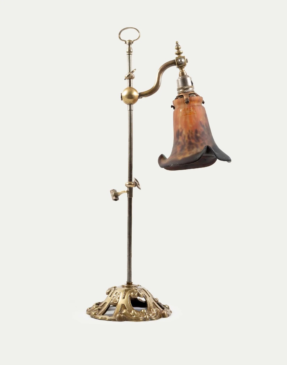 Lampe de bureau Art Nouveau réglable, Muller Frères Lunéville – Verre d’art marbré, vers 1900-photo-4