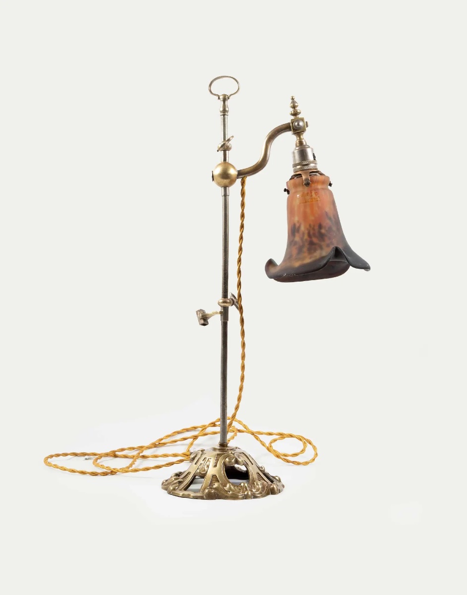 Lampe de bureau Art Nouveau réglable, Muller Frères Lunéville – Verre d’art marbré, vers 1900-photo-1