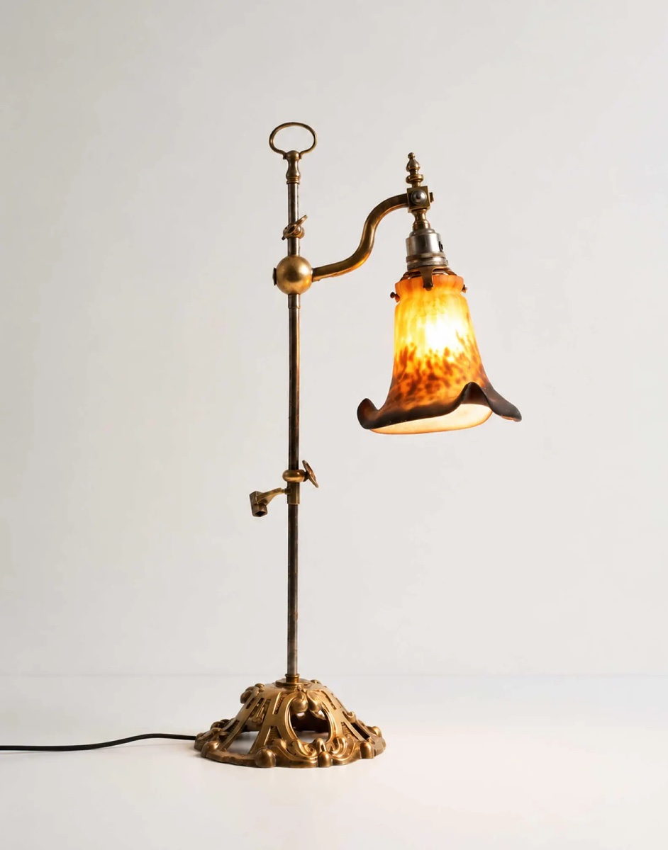 Lampe de bureau Art Nouveau réglable, Muller Frères Lunéville – Verre d’art marbré, vers 1900-photo-3