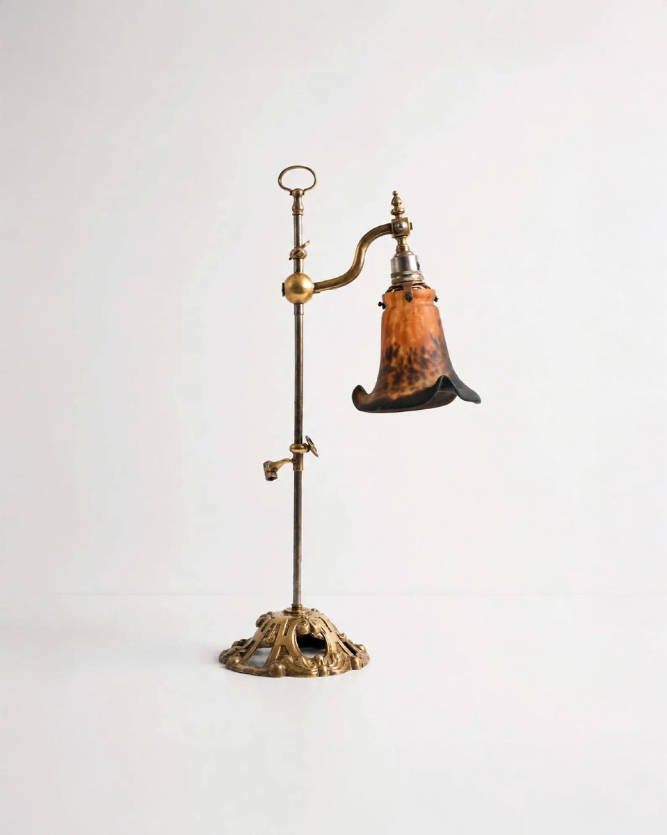 Lampe de bureau Art Nouveau réglable, Muller Frères Lunéville – Verre d’art marbré, vers 1900