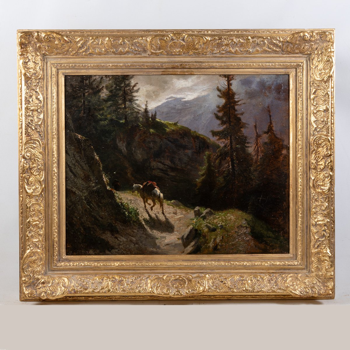 Intrigante huile originale du XIXe siècle, cheval blanc aux Diablerets, paysage des Alpes suiss-photo-2