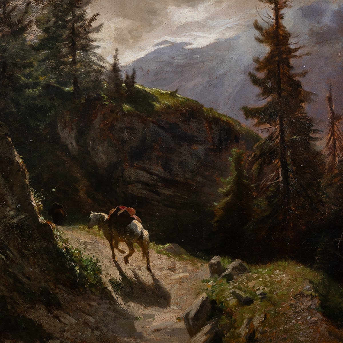 Intrigante huile originale du XIXe siècle, cheval blanc aux Diablerets, paysage des Alpes suiss-photo-3
