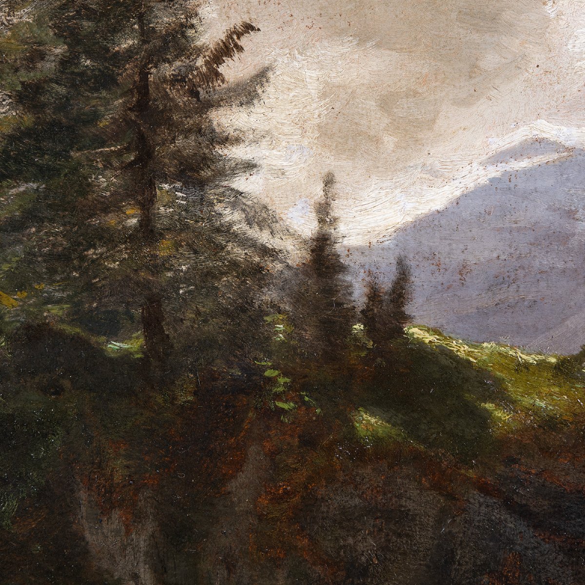 Intrigante huile originale du XIXe siècle, cheval blanc aux Diablerets, paysage des Alpes suiss-photo-1