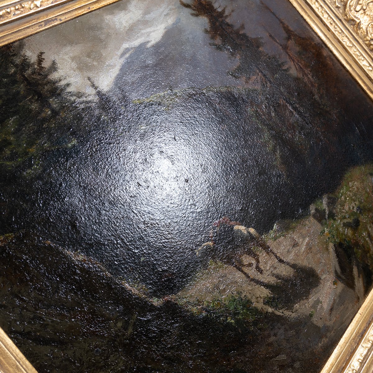 Intrigante huile originale du XIXe siècle, cheval blanc aux Diablerets, paysage des Alpes suiss-photo-2