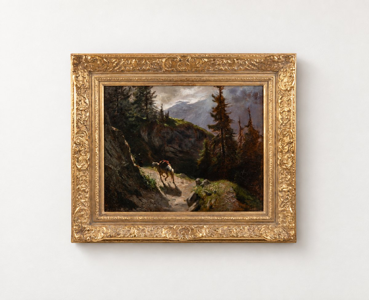 Intrigante huile originale du XIXe siècle, cheval blanc aux Diablerets, paysage des Alpes suiss