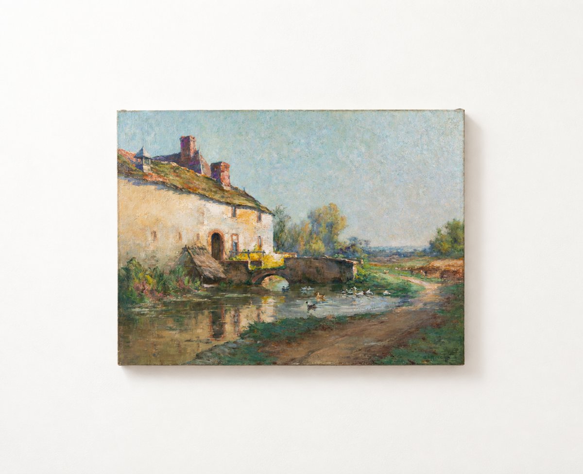 Ernest Gaston Marché (1864–1932) – Grand tableau, huile sur toile, cour de ferme