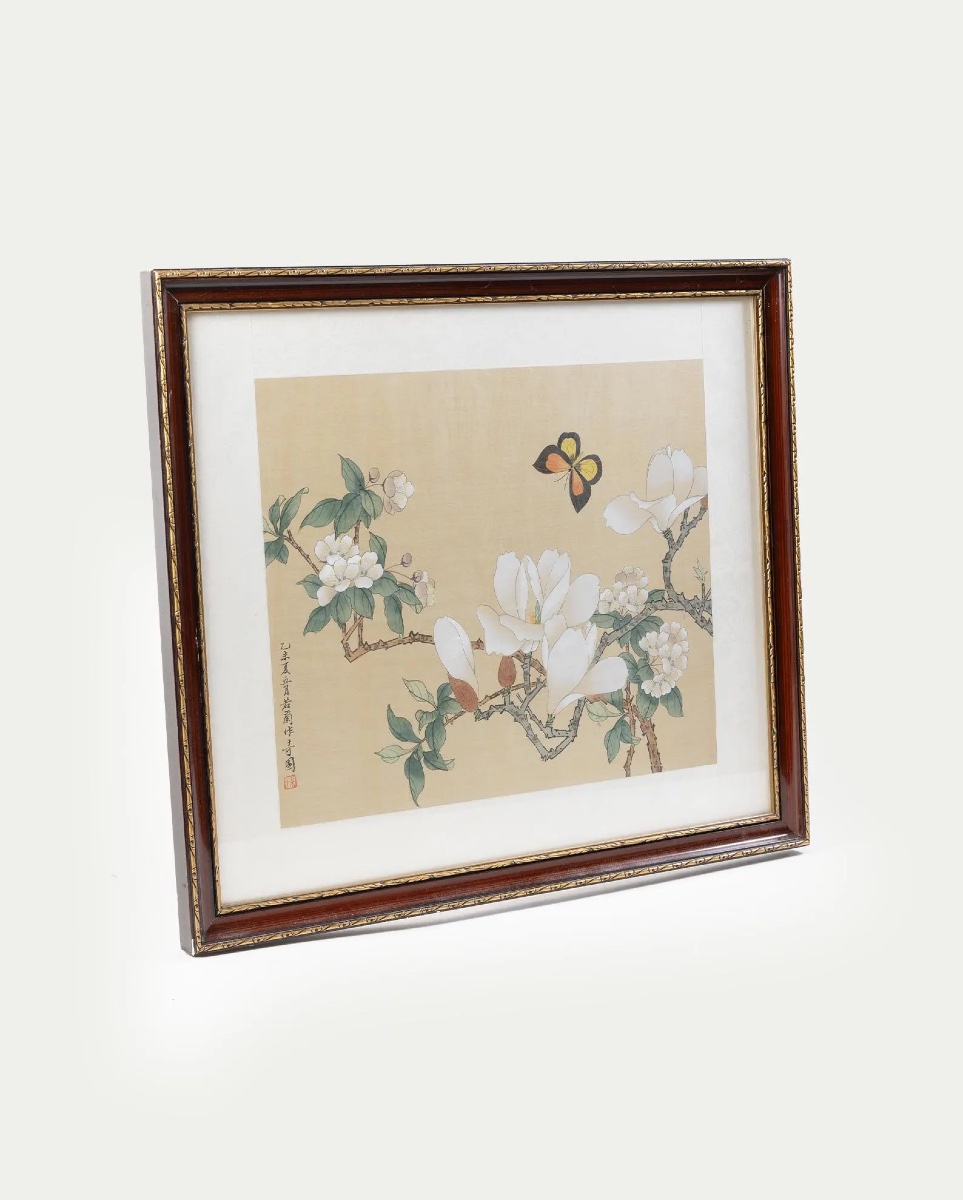 Paire de peintures chinoises anciennes sur soie, branches fleuries, oiseau et papillon, signées-photo-3