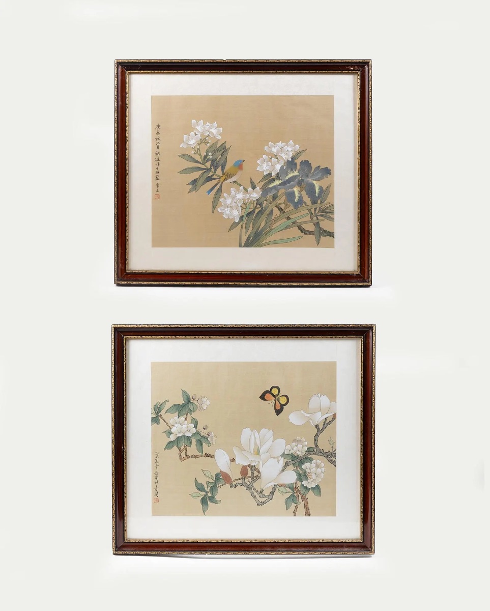 Paire de peintures chinoises anciennes sur soie, branches fleuries, oiseau et papillon, signées-photo-5