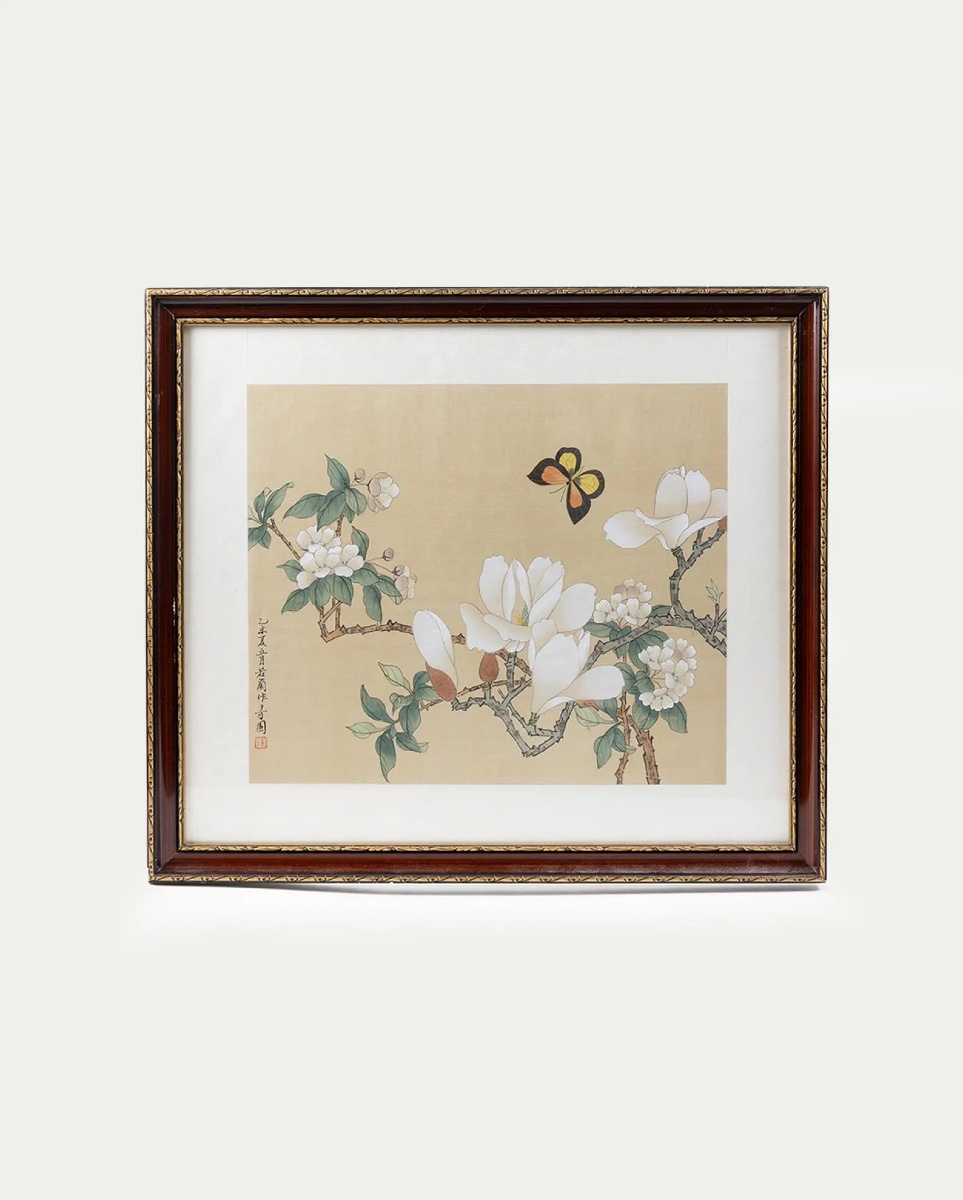 Paire de peintures chinoises anciennes sur soie, branches fleuries, oiseau et papillon, signées-photo-6