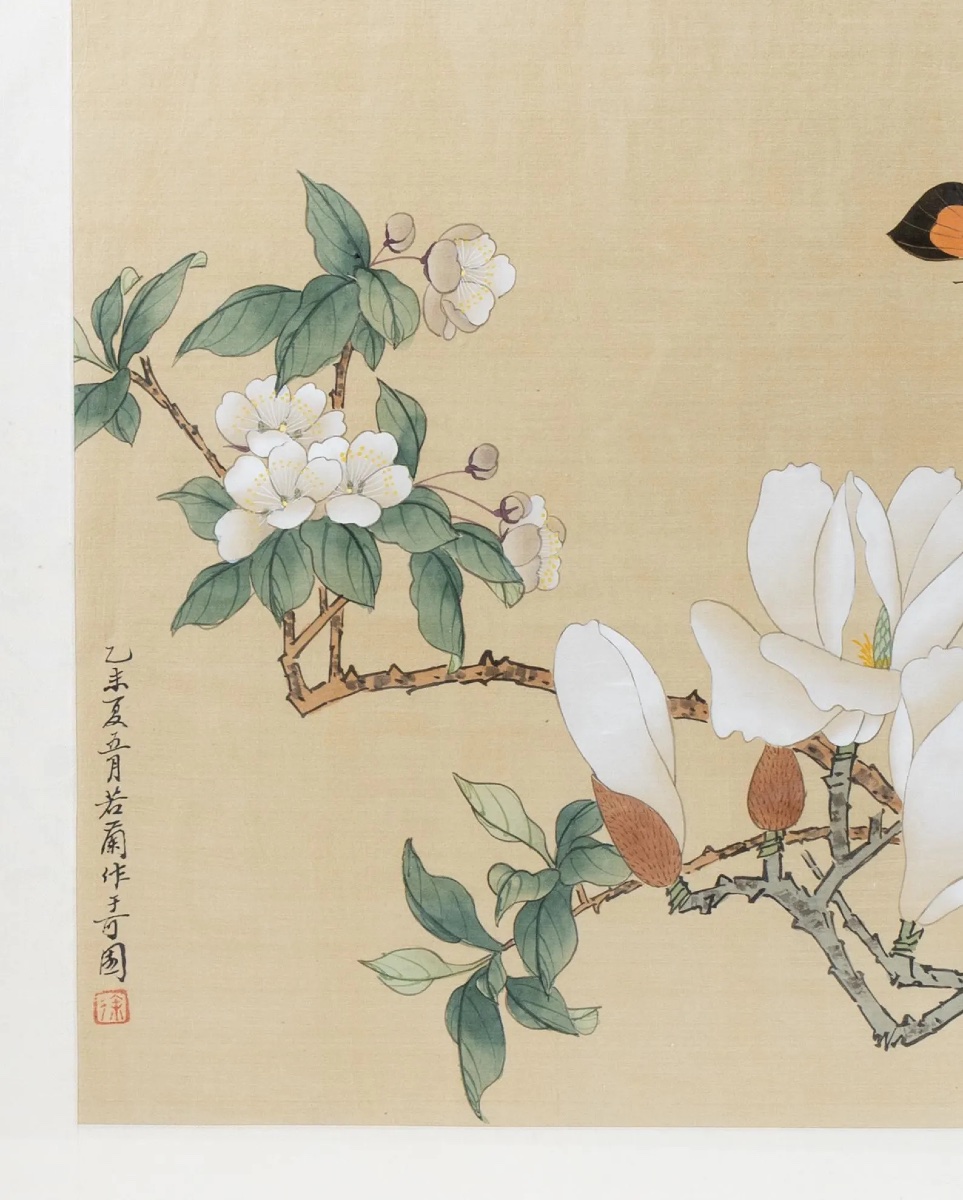 Paire de peintures chinoises anciennes sur soie, branches fleuries, oiseau et papillon, signées-photo-8