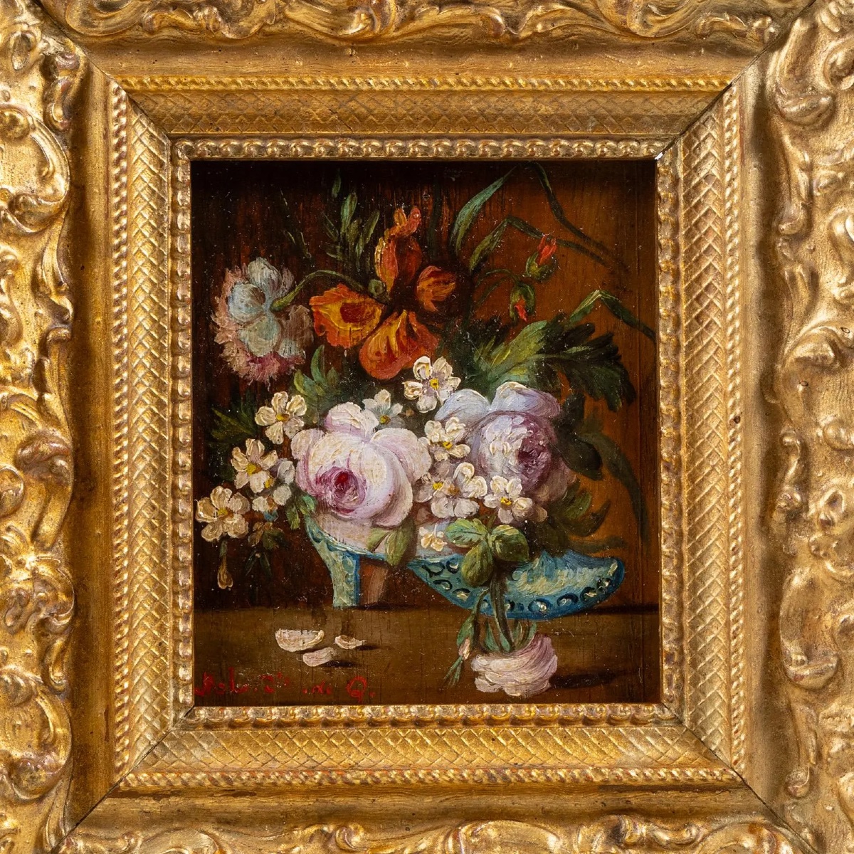 Petite nature morte aux fleurs, huile sur panneau de chêne, début XIXe siècle, cadre italien en-photo-4