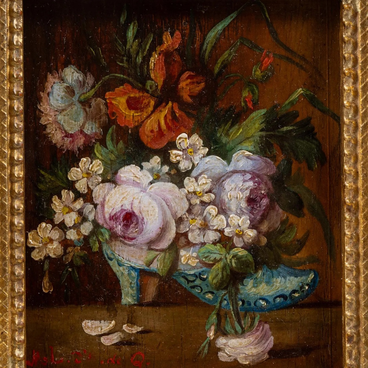 Petite nature morte aux fleurs, huile sur panneau de chêne, début XIXe siècle, cadre italien en-photo-5