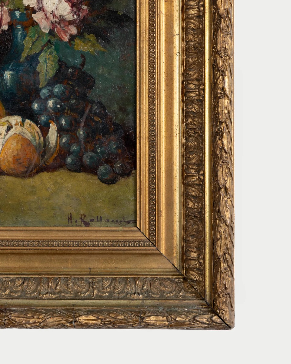 Henri Rolland (1897-1941), nature morte aux roses, oranges et raisins, huile sur panneau de chê-photo-3