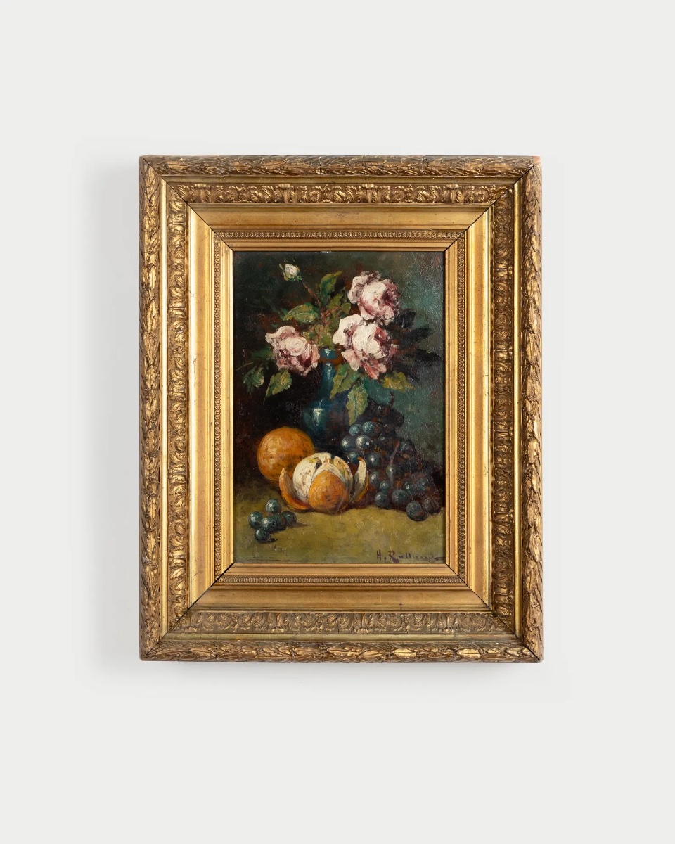 Henri Rolland (1897-1941), nature morte aux roses, oranges et raisins, huile sur panneau de chê-photo-1