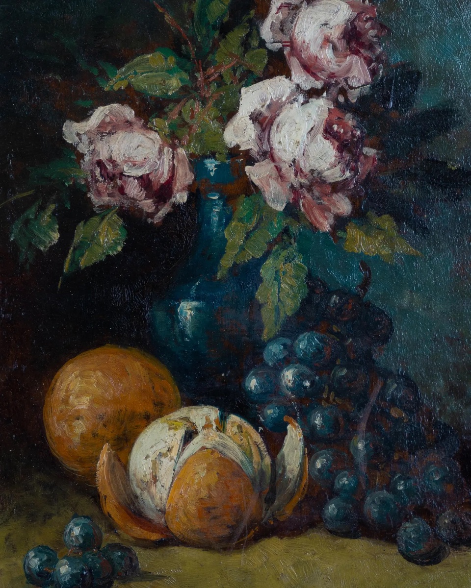 Henri Rolland (1897-1941), nature morte aux roses, oranges et raisins, huile sur panneau de chê-photo-3
