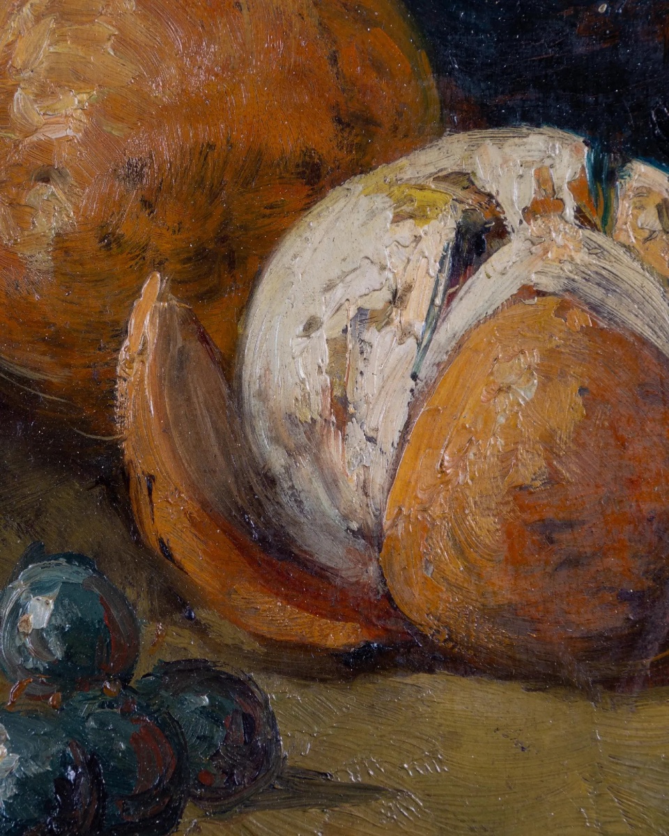 Henri Rolland (1897-1941), nature morte aux roses, oranges et raisins, huile sur panneau de chê-photo-4